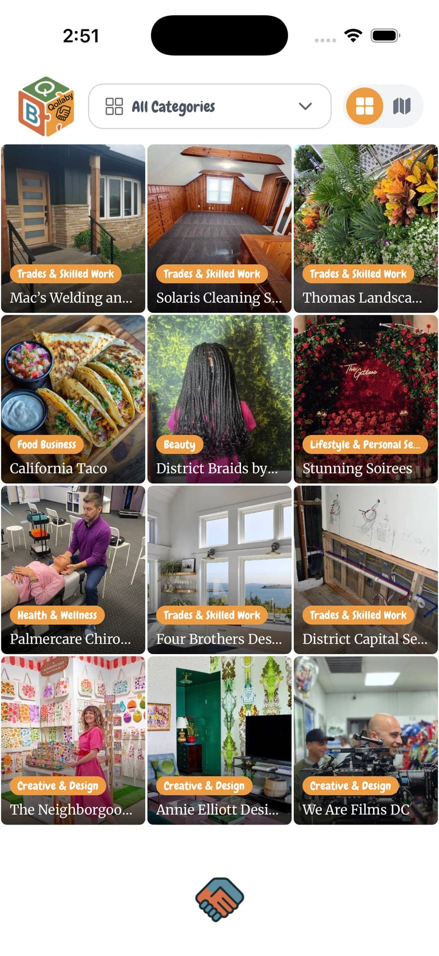 Qollaby feed showing local businesses including welding, cleaning, landscaping, a taco spot and a chiropractor, each tagged by category