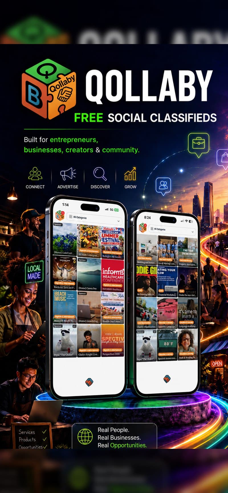 Qollaby open on two iPhones showing the local feed of nearby trades, food, events and beauty businesses, on a neon-lit city street