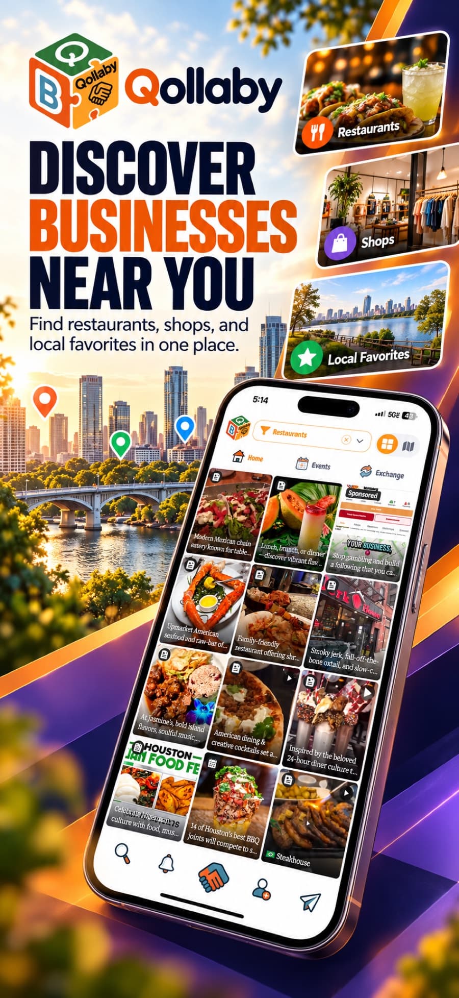 Qollaby open on an iPhone showing the home feed of nearby restaurants, over a city skyline at sunset