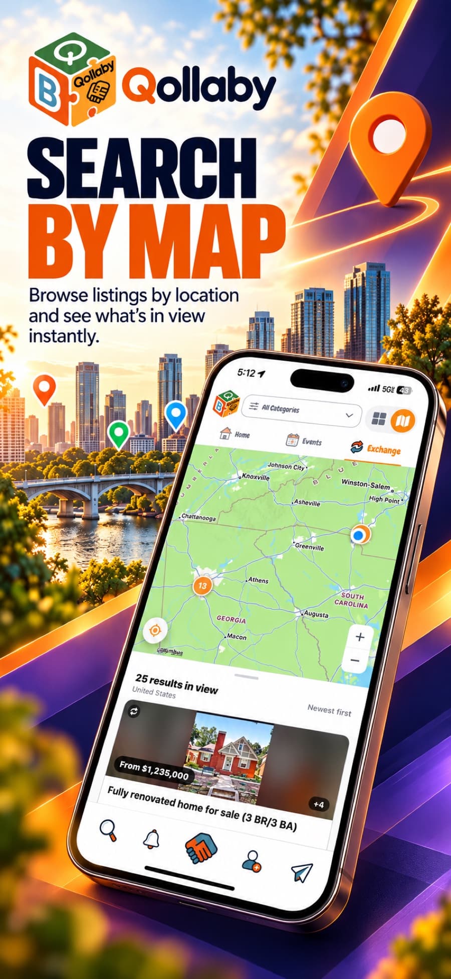 Search by map: Qollaby listings plotted on a map with the results in view listed below