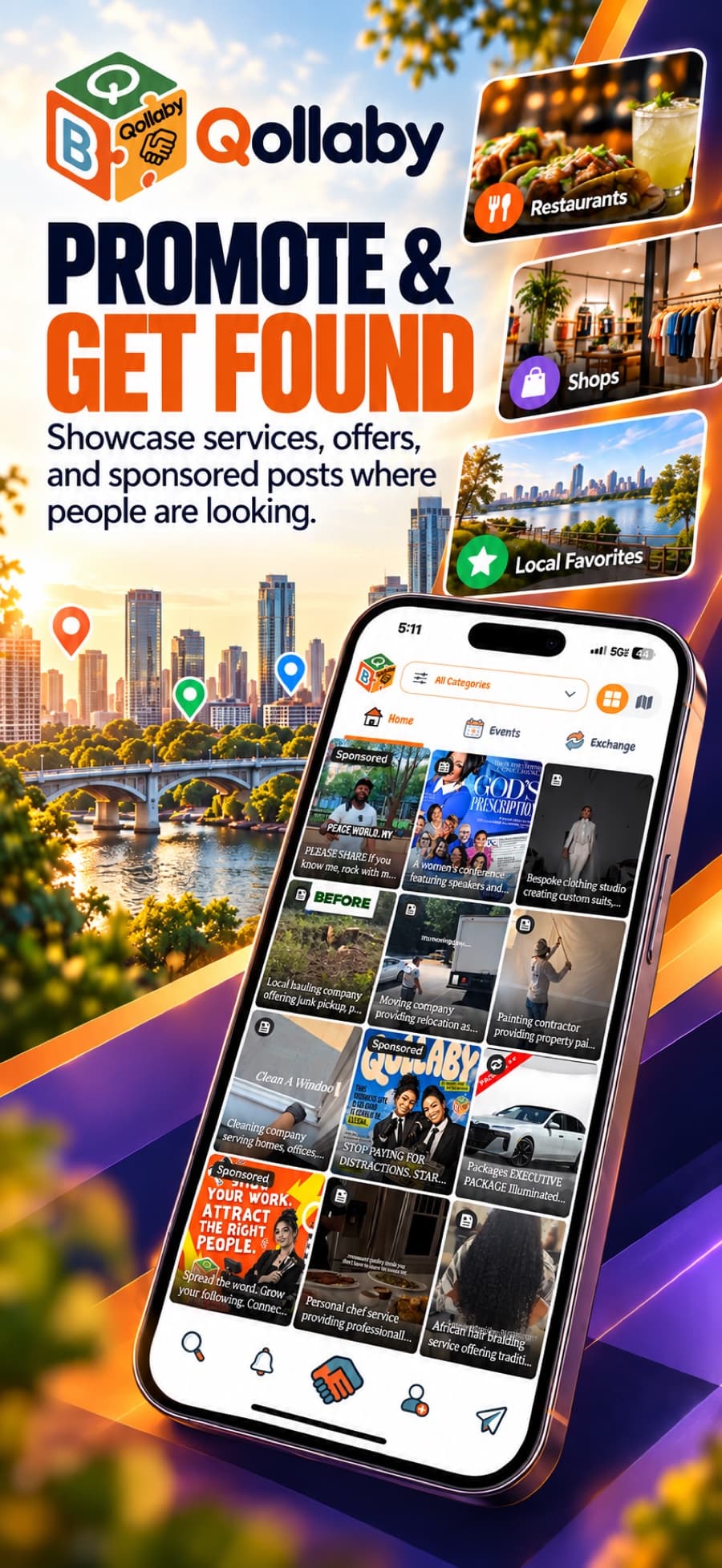 Promote and get found: the Qollaby home feed with labelled sponsored posts among local services, restaurants and shops