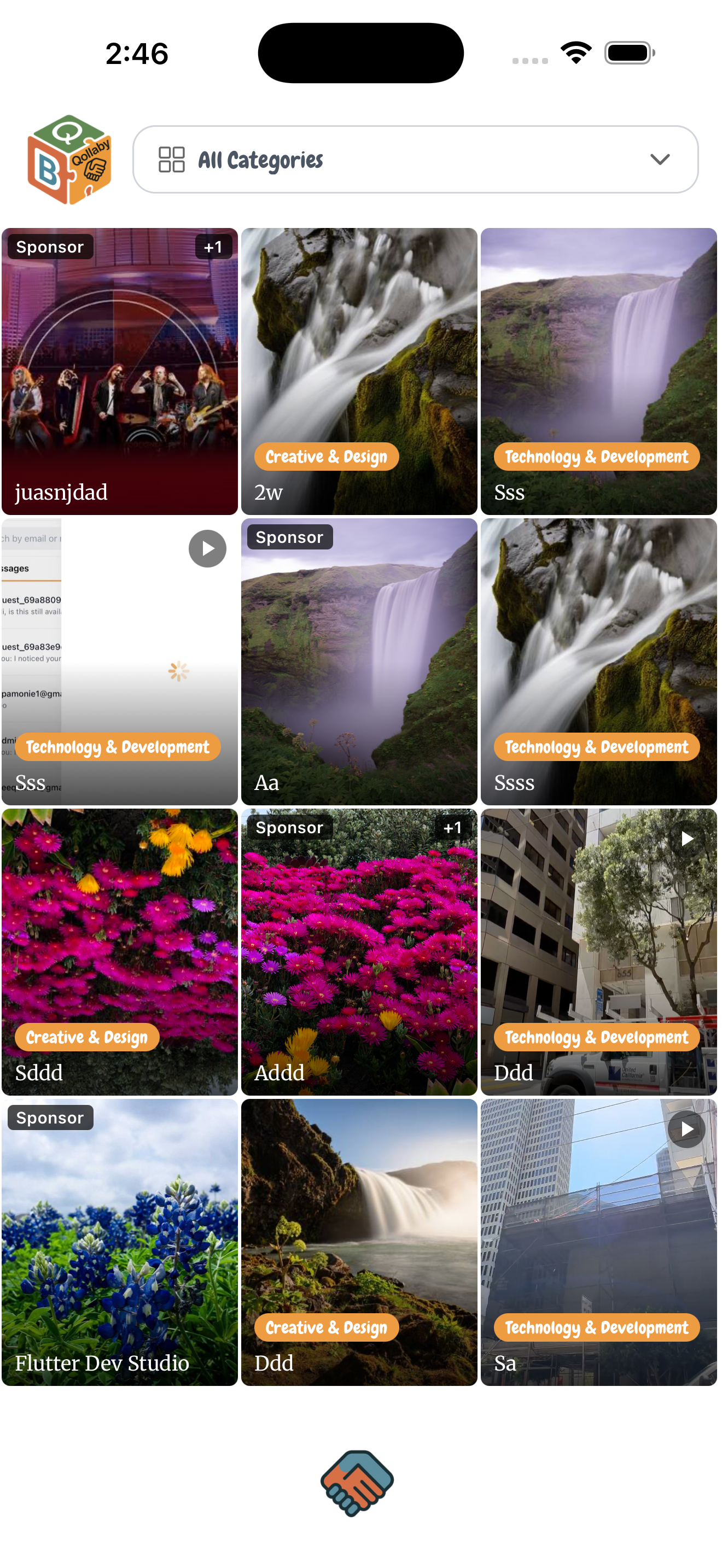 Qollaby app home feed with posts, categories, and sponsor cards